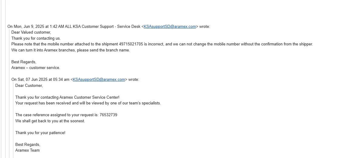Aramex admission that the first shipment had an incorrect mobile number